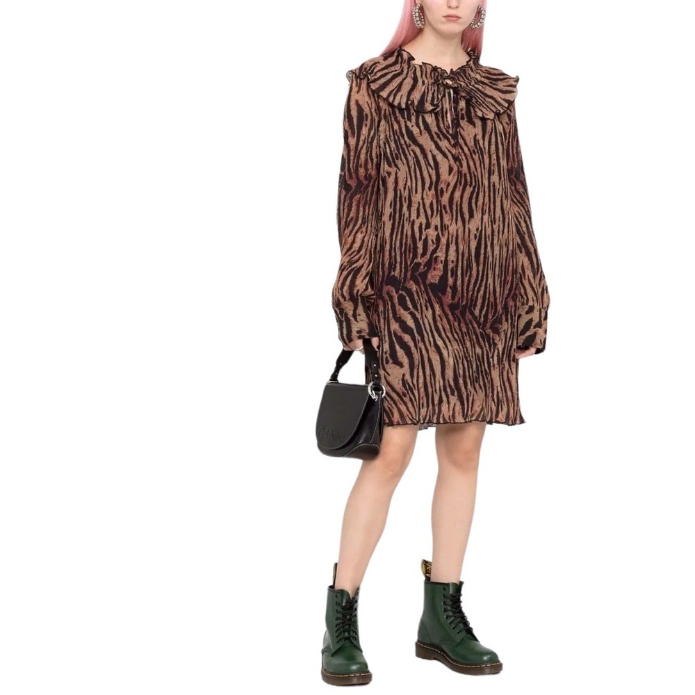 NWT GANNI Tiger Stripe Long Sleeve Pleated Georgette Dress EU Size 36